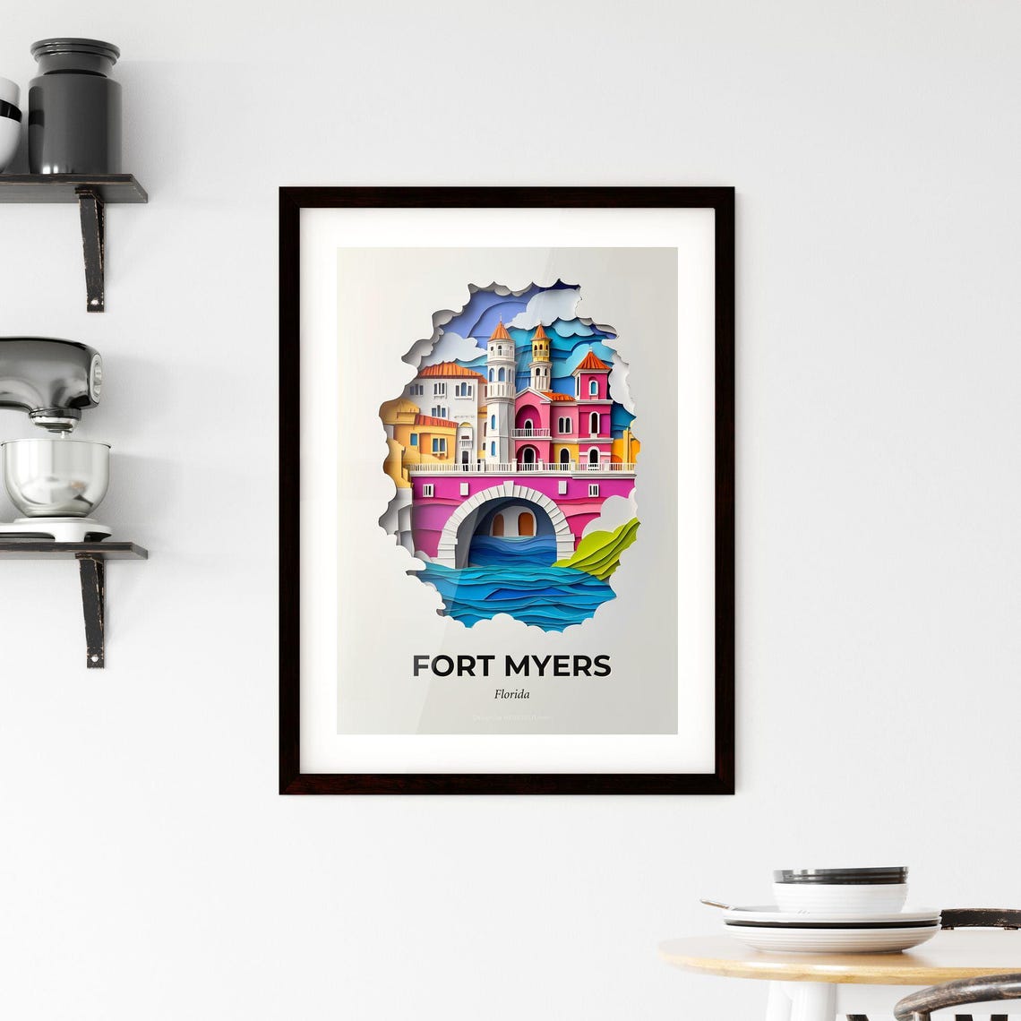Fort Myers Florida Colorful Paper Cut Bridge over Water Poster - Image 2