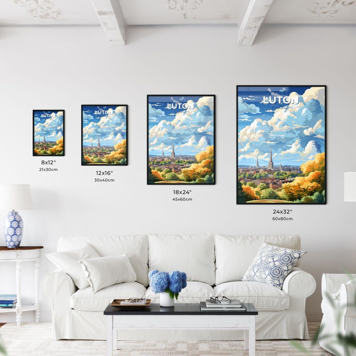 Luton England Travel Poster Church Spires Autumn Trees City Skyline Art - Image 3