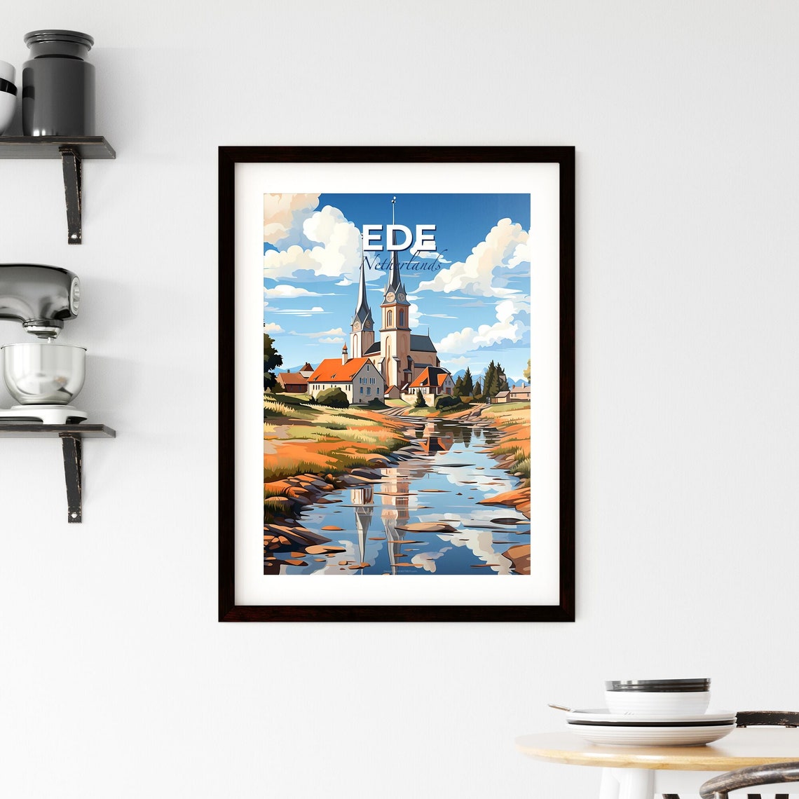 Ede Netherlands Twin Spire Church Riverside Vintage Travel Poster - Image 2