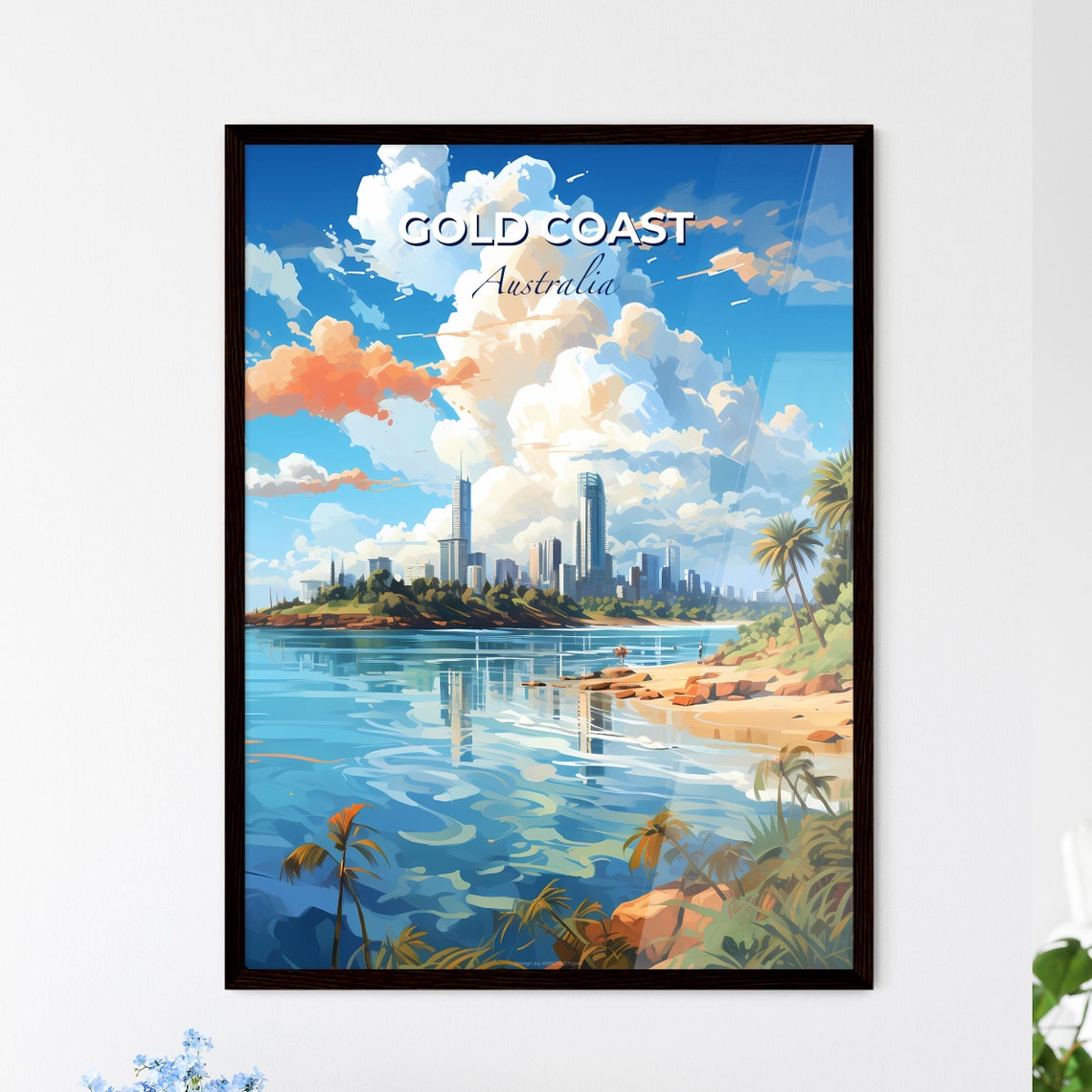 Gold Coast Australia Beachfront Skyline Palm Trees Travel Poster