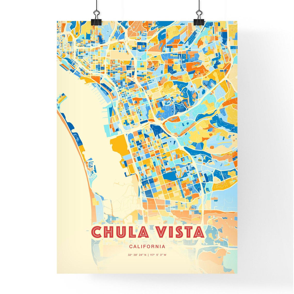 Chula Vista California Blue Orange Coastal Bay Map Art Poster - Image 3