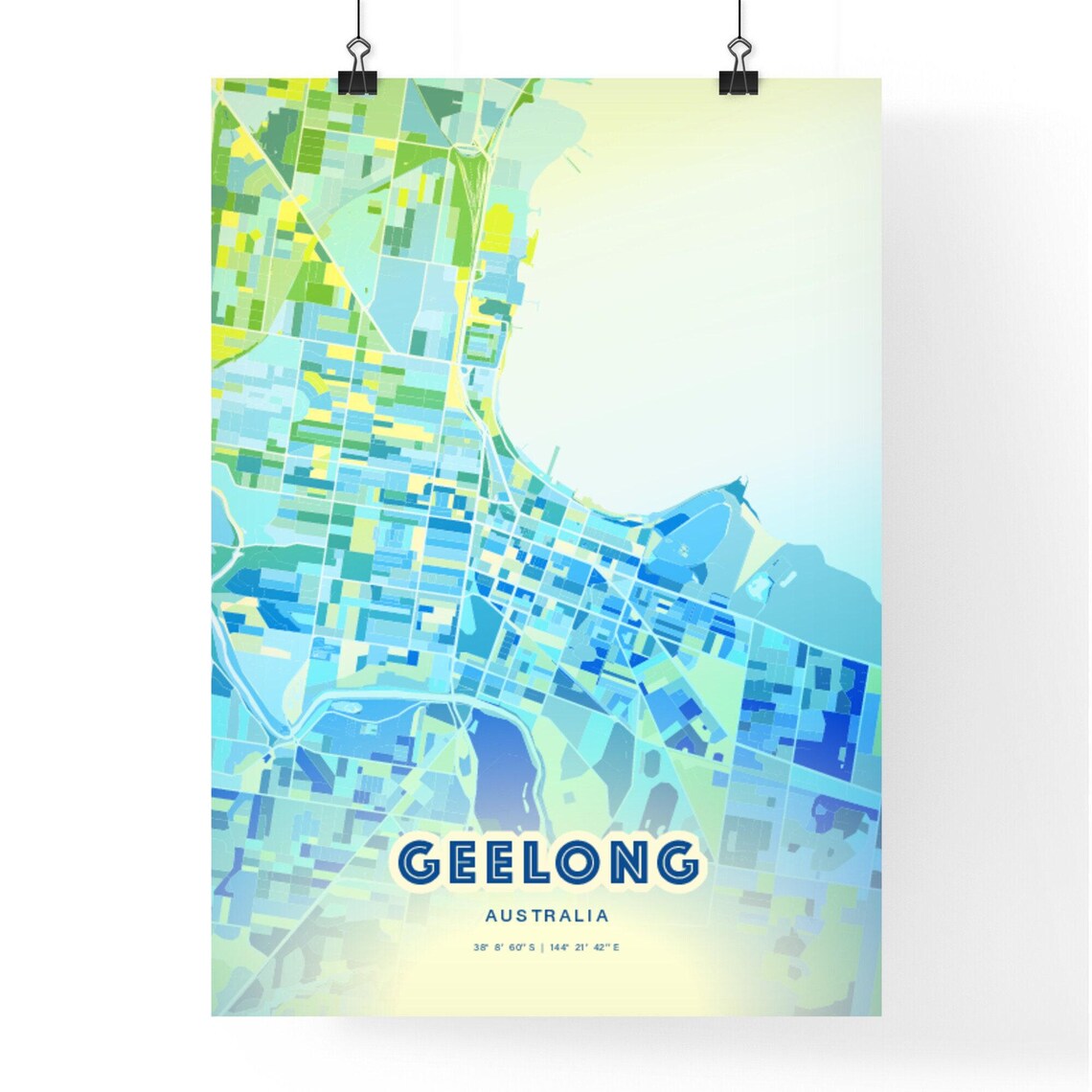 Geelong Australia Bluish Watercolor City Map Art Poster Wall Decor - Image 3