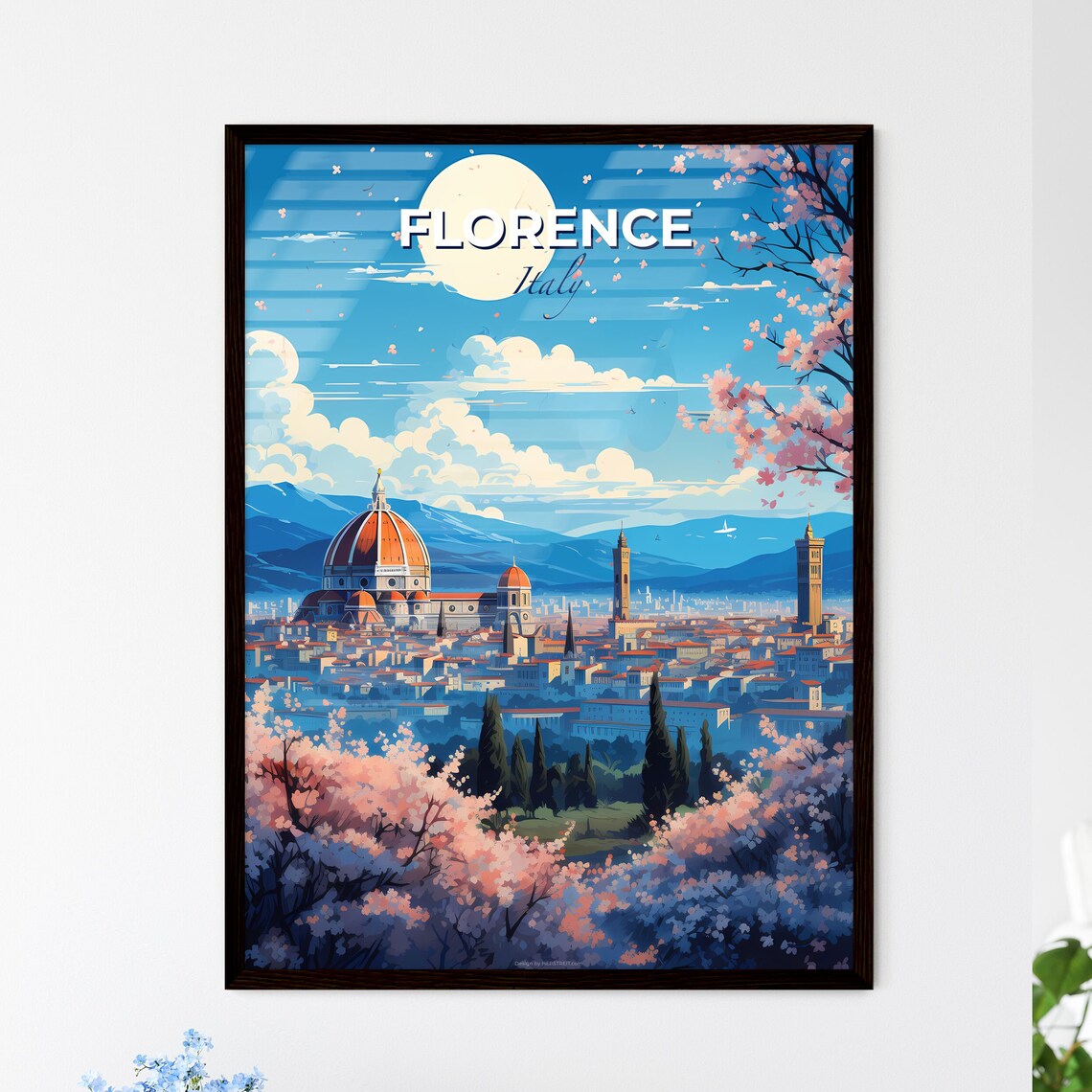 Florence Italy Skyline Duomo Cathedral Cherry Blossom Spring Travel Poster