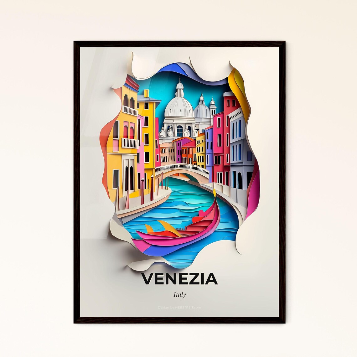 Venezia Italy Canal Gondola Basilica Dome Vivid Paper Cut Poster