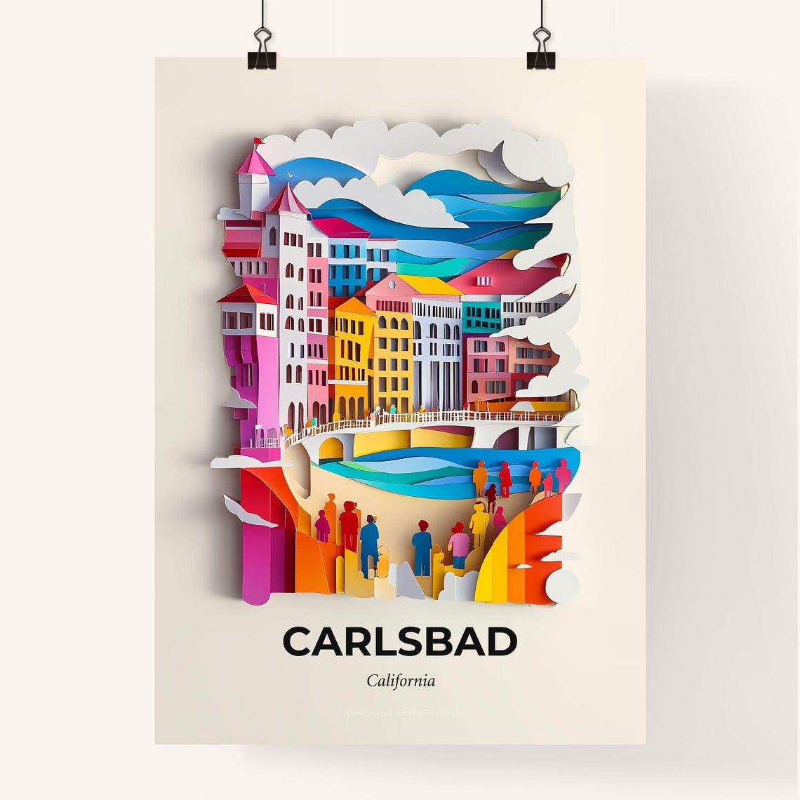 Carlsbad California Colorful Paper Cut Sunny Beach Skyline Poster - Image 4