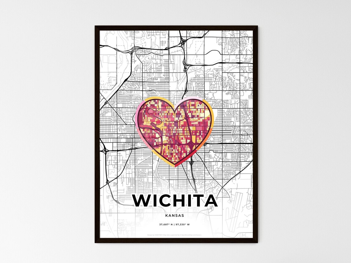 Wichita Kansas Minimal City Map Colorful Heart Icon Art Poster