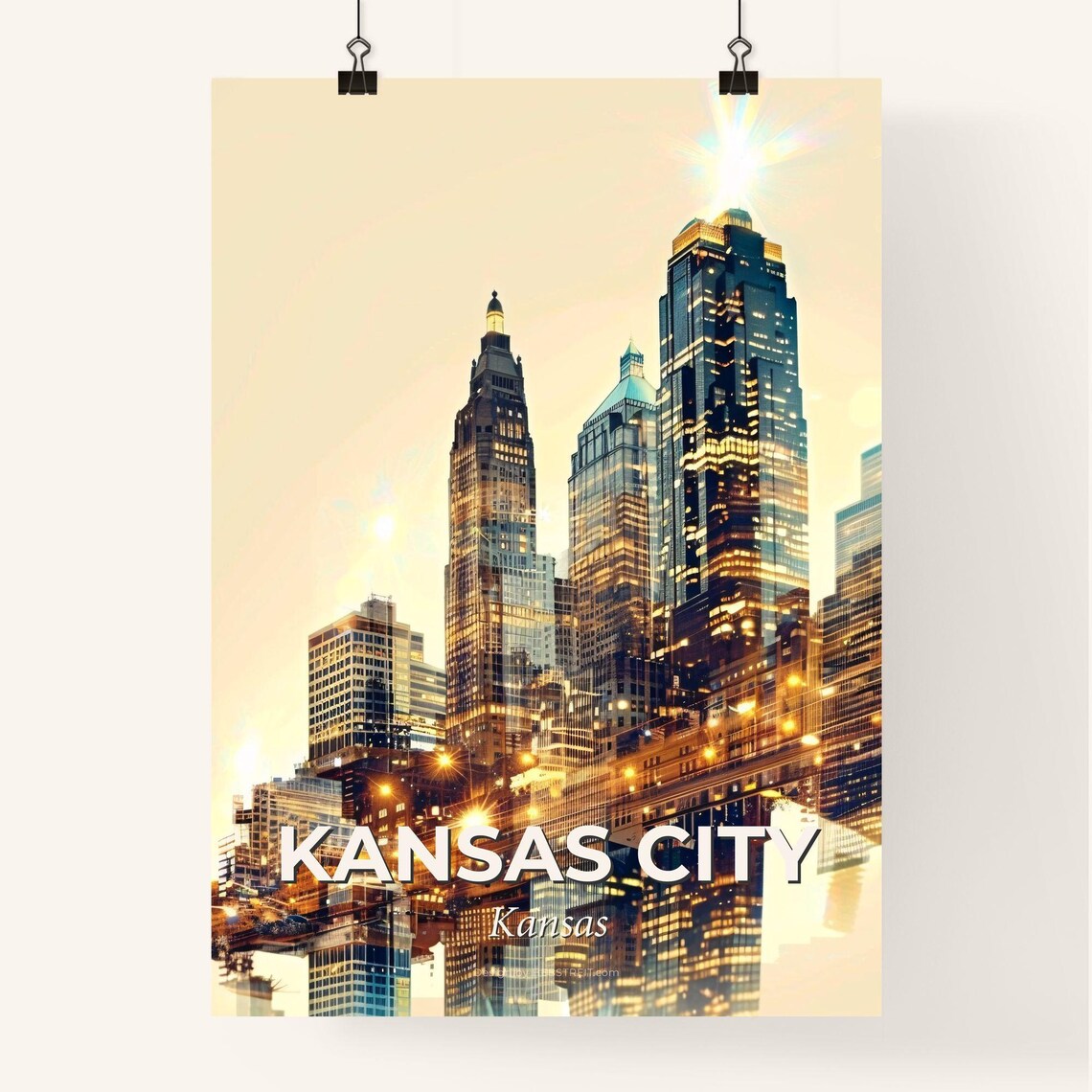 Kansas City Kansas Illuminated Night Skyline Towers Golden Art Poster - Image 4