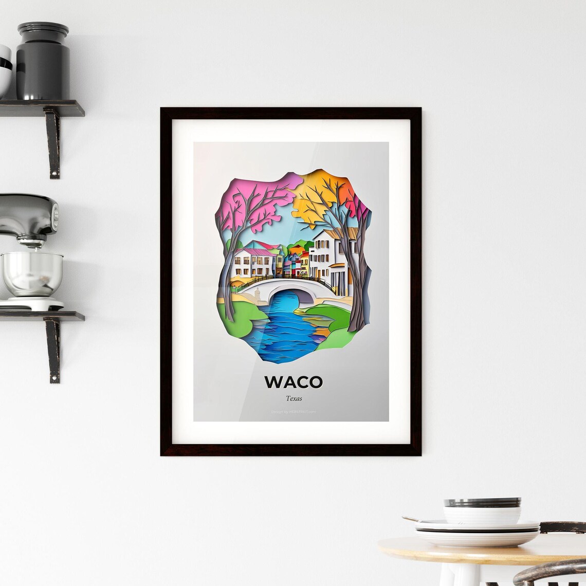 Waco Texas Riverside Bridge Old Town Vivid Paper Cut Art Poster - Image 2