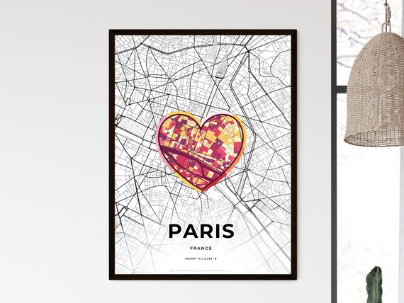 Paris France City Modern Minimalist Heart Street Map Art Poster