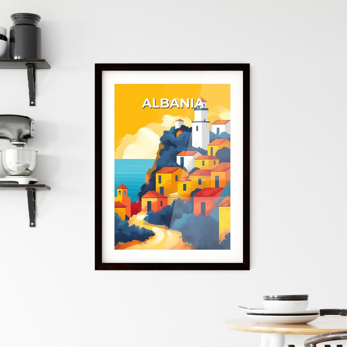 Albania Hillside Village Lighthouse Yellow Sky Vintage Travel Poster - Image 2