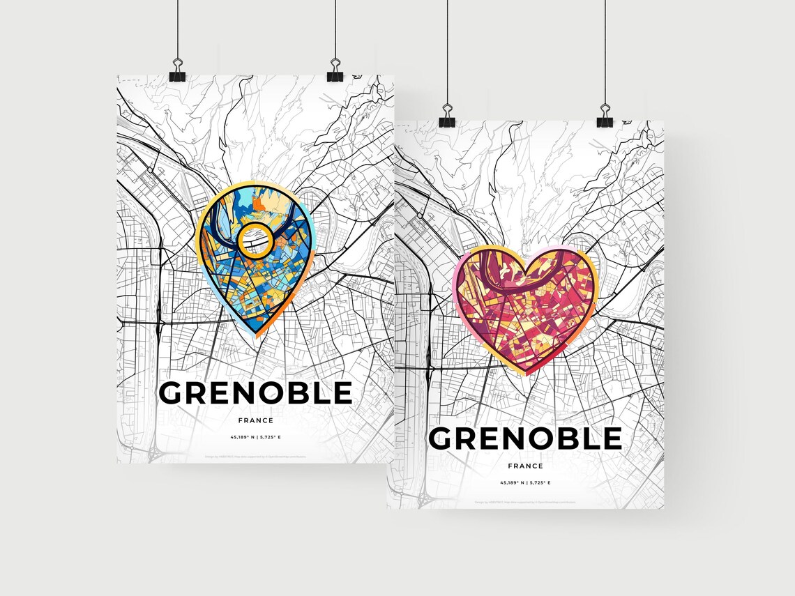 Grenoble France Modern Minimalist Heart Street Map Art Poster - Image 2