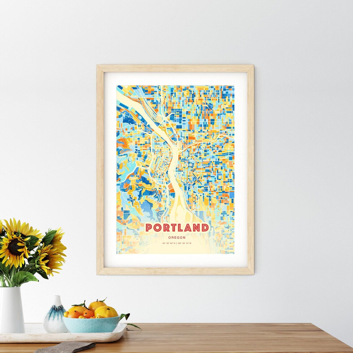 Portland Oregon Blue Orange Colorful City Map Art Poster With Coordinates - Image 2