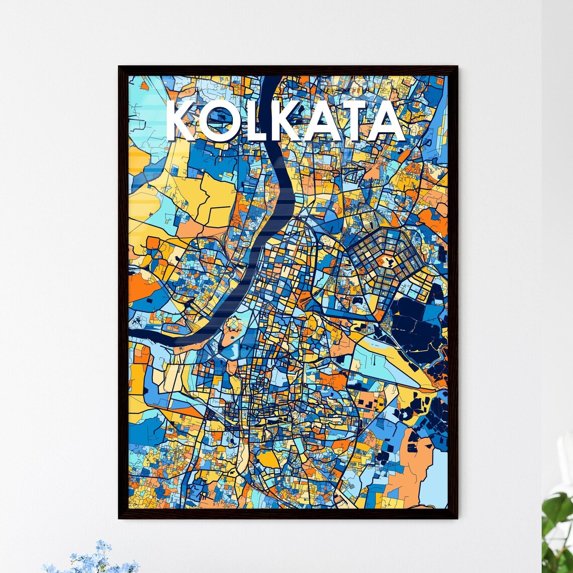 Kolkata India Vibrant City Map Poster Blue Orange Urban Travel Decor