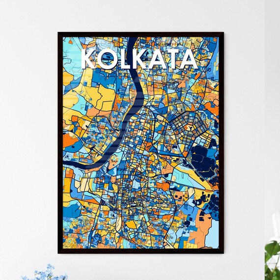 Kolkata India Vibrant City Map Poster Blue Orange Urban Travel Decor