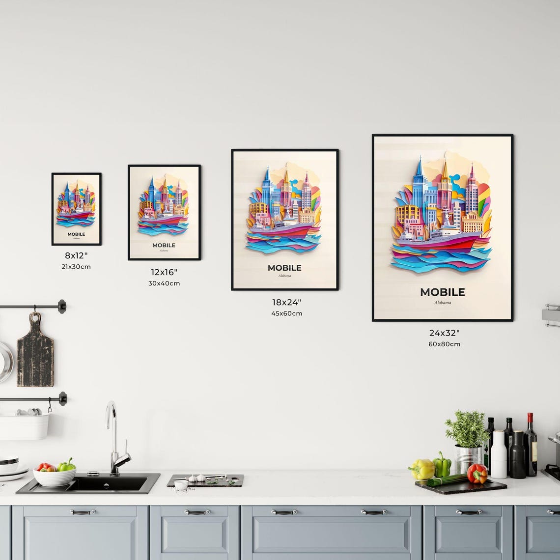 Mobile Alabama Colorful Paper Cut Cruise Ship Skyline Travel Poster - Image 3