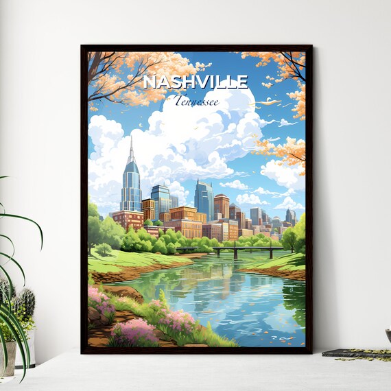 Nashville Tennessee Skyline Travel Poster Riverside City Spring Blossom Art