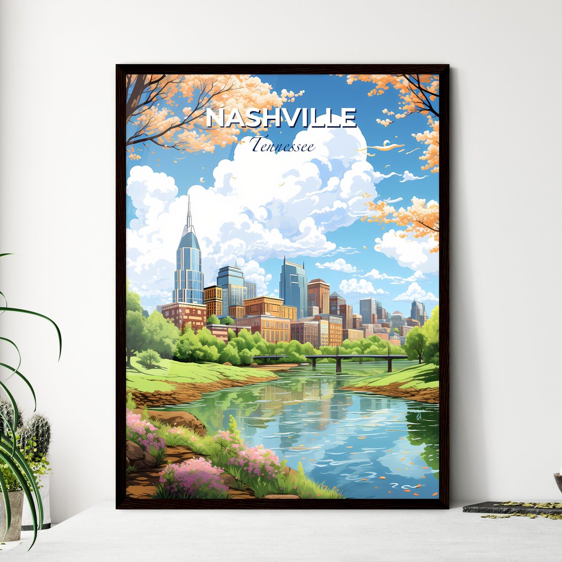 Nashville Tennessee Skyline Travel Poster Riverside City Spring Blossom Art