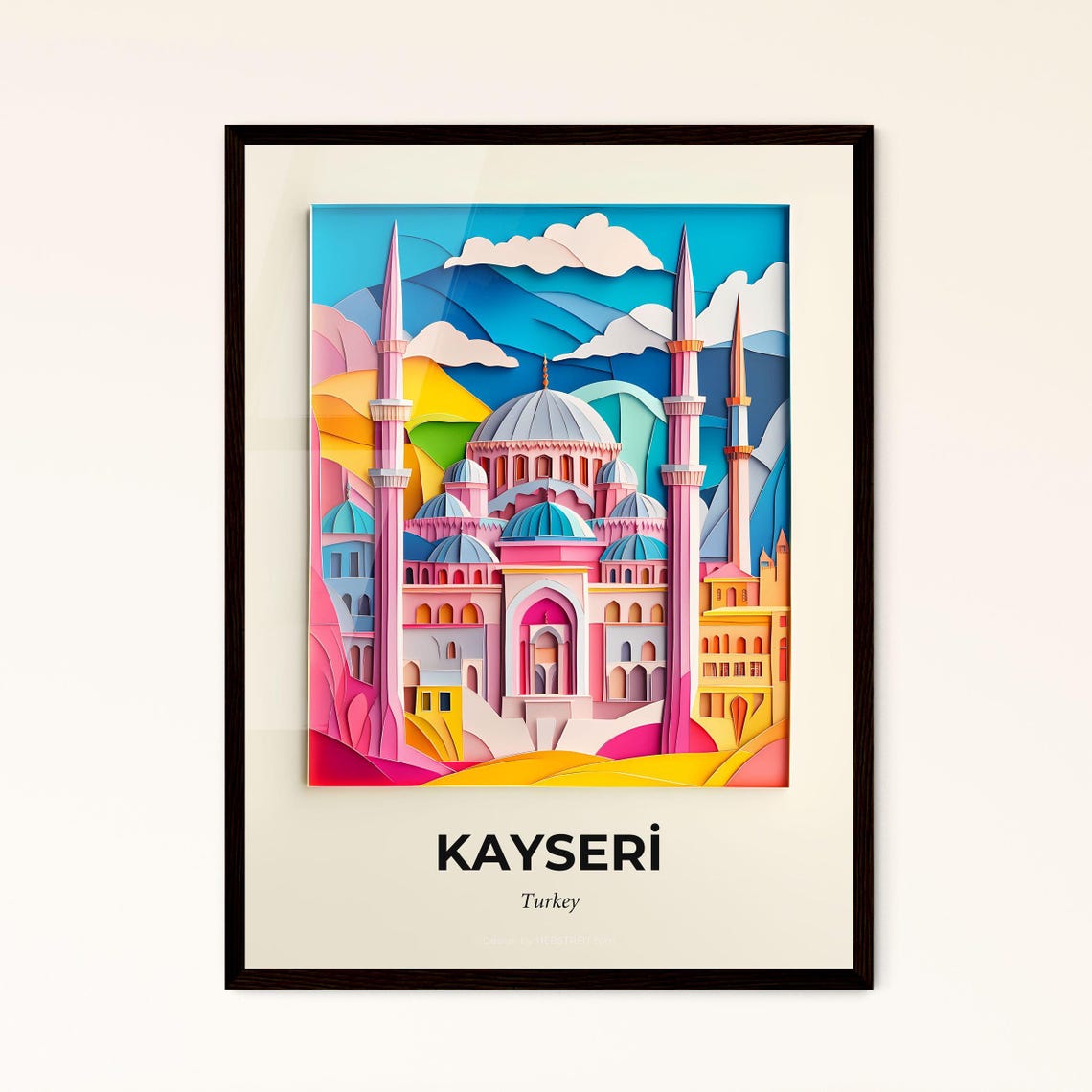 Kayseri Turkey Mosque Minarets Papercut City Art Travel Poster