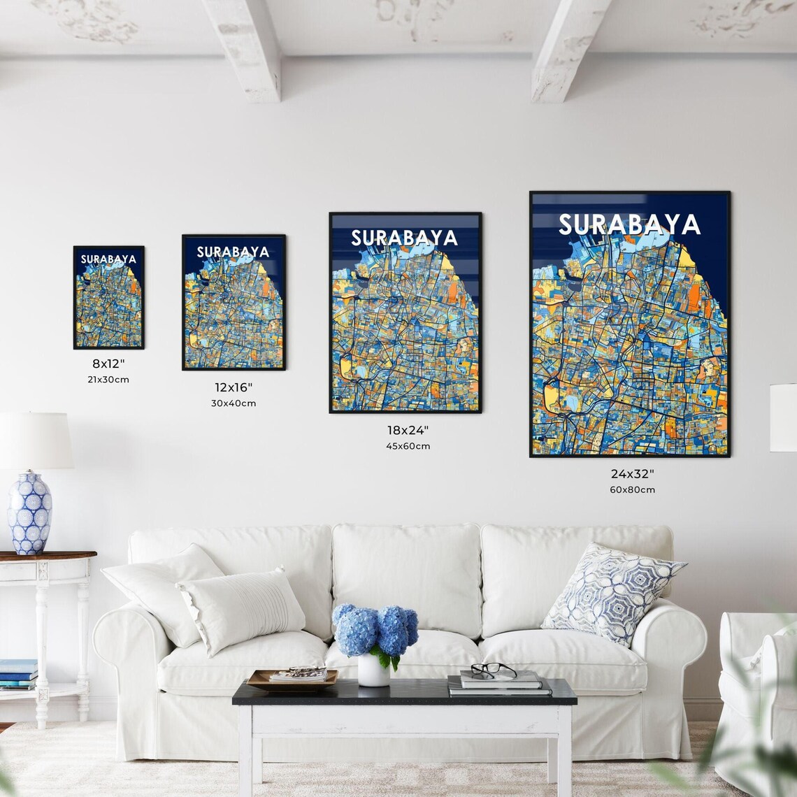 Surabaya Indonesia Stylish Vibrant Blue and Orange Mosaic City Map Poster - Image 3