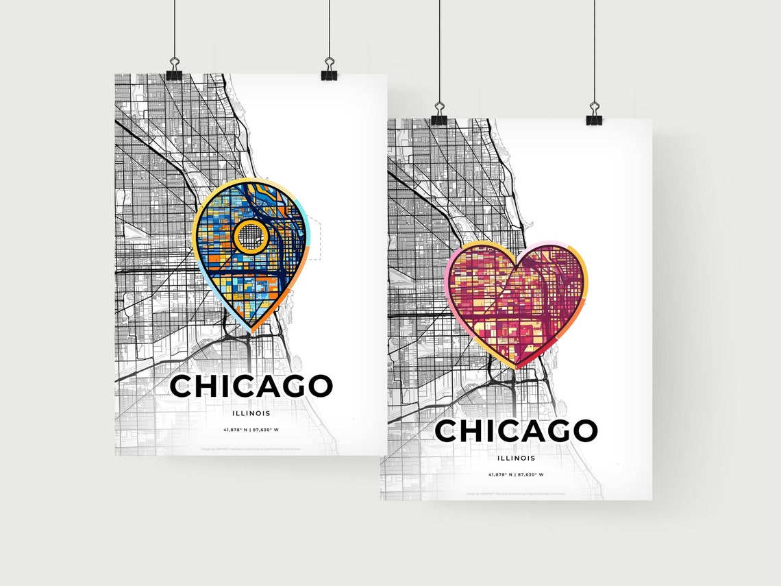 Chicago Illinois Minimal Map Art With Colorful Heart Icon Poster - Image 2