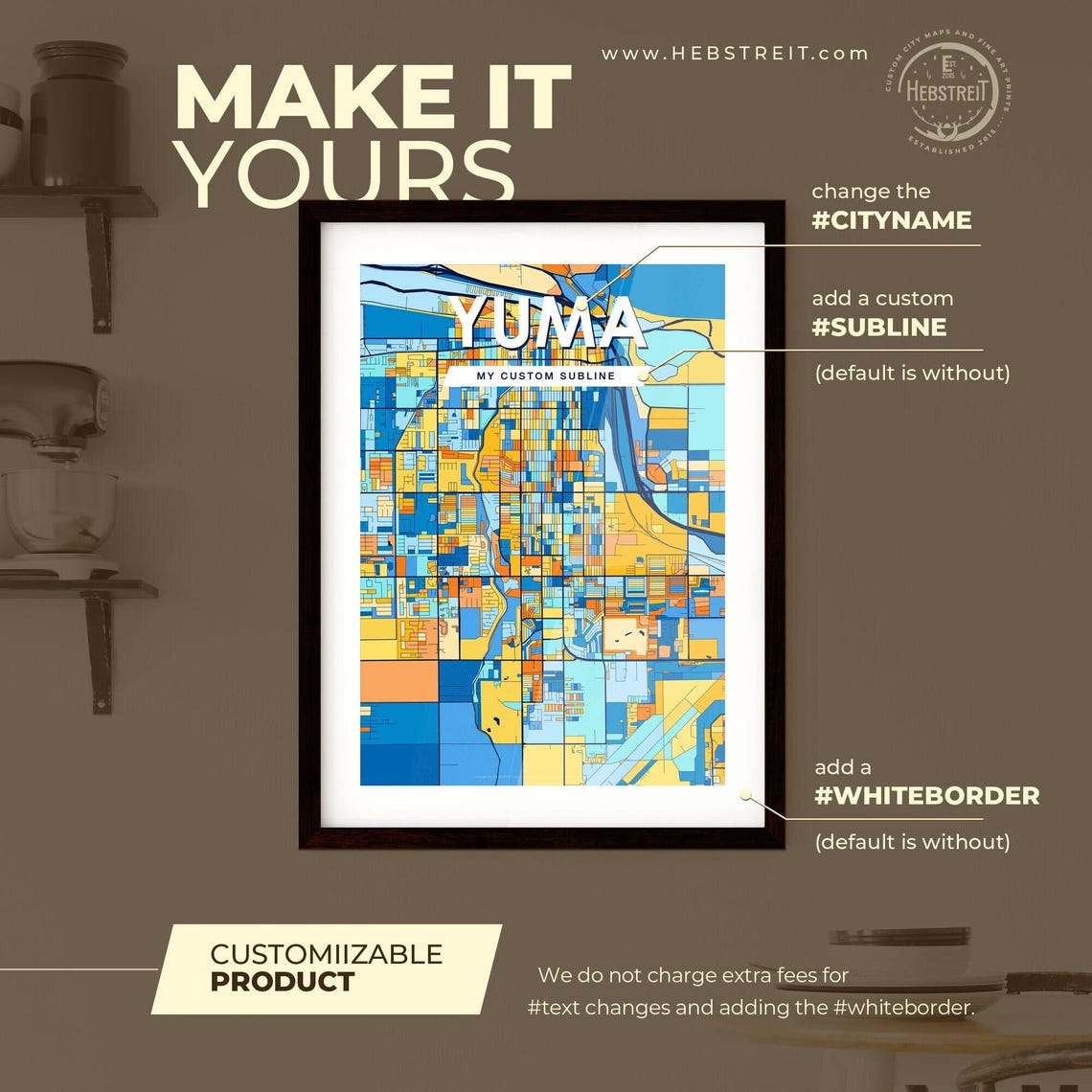 Yuma Arizona Stylish Vibrant Blue and Orange Mosaic City Map Poster - Image 2