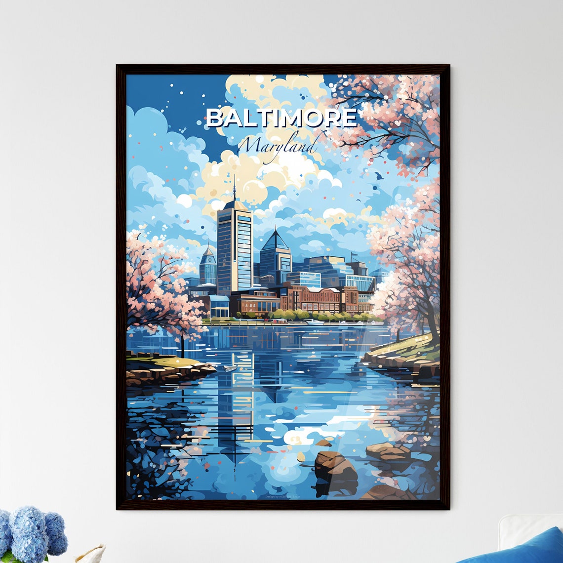 Baltimore Maryland Cherry Blossom Harbor Skyline Travel Poster