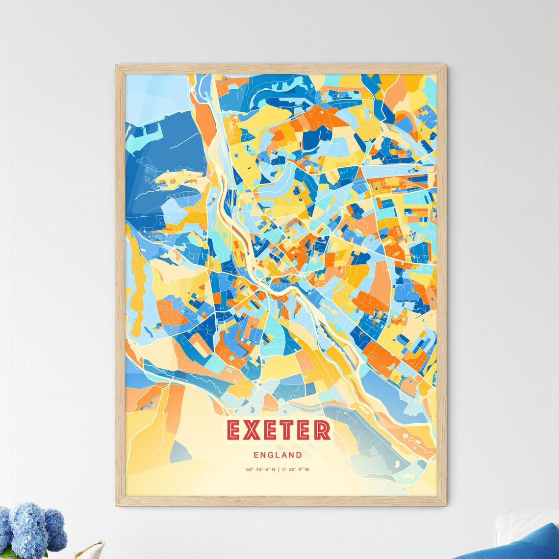 Exeter England Colorful Blue Orange City Street Map Art Poster