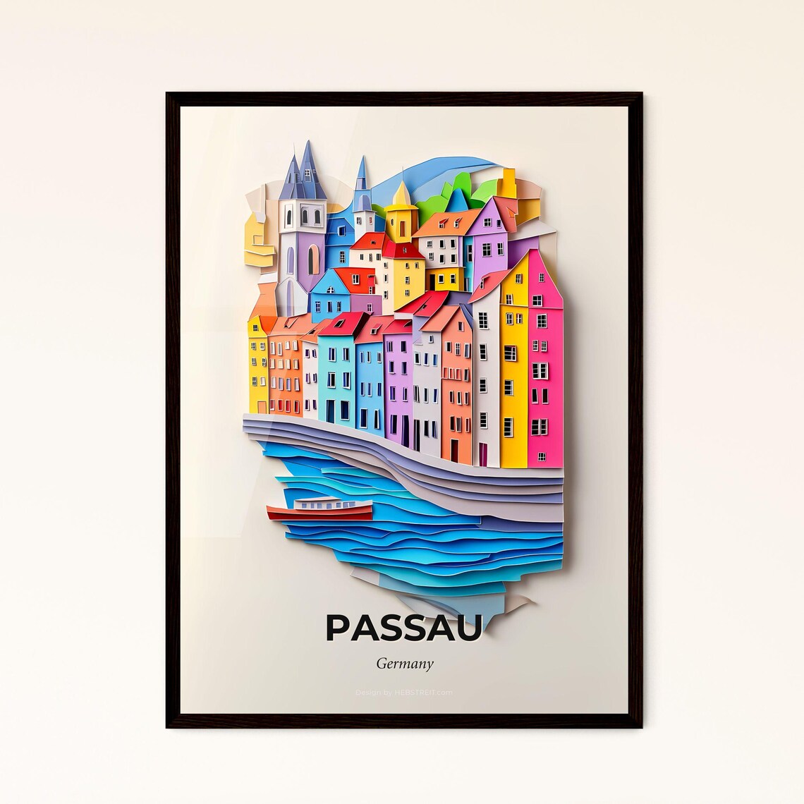 Passau Germany Old Town River Boat Colorful Paper Cut Poster