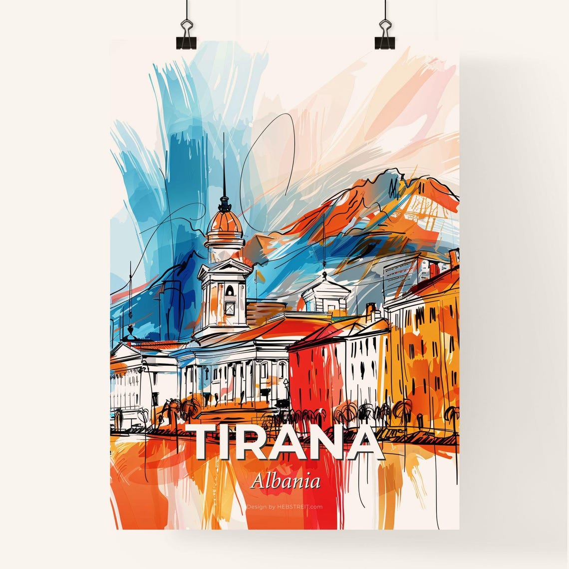 Tirana Albania Colorful Abstract Clock Tower Town Skyline Poster - Image 4
