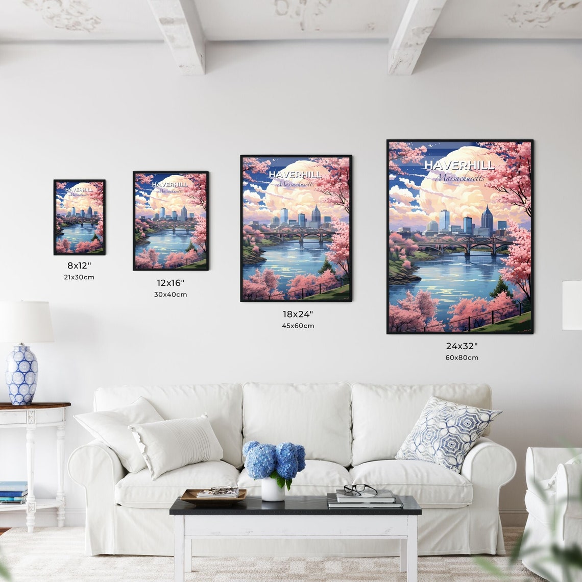 Haverhill Massachusetts Cherry Blossom River Bridge Skyline Poster - Image 3