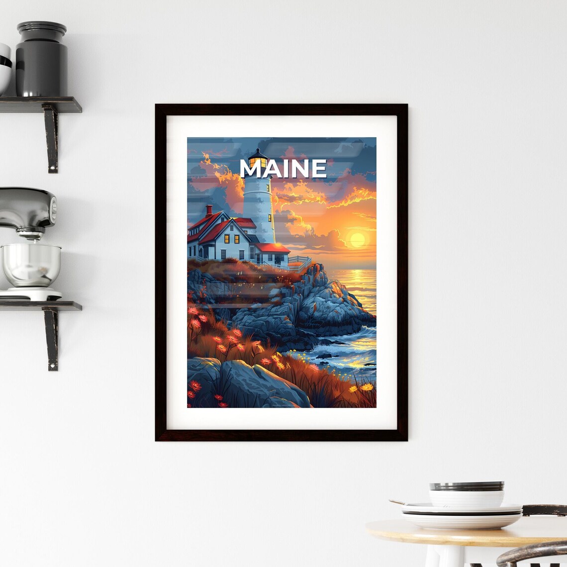 Maine White Lighthouse Rocky Coast Sunset Ocean Travel Poster - Image 2