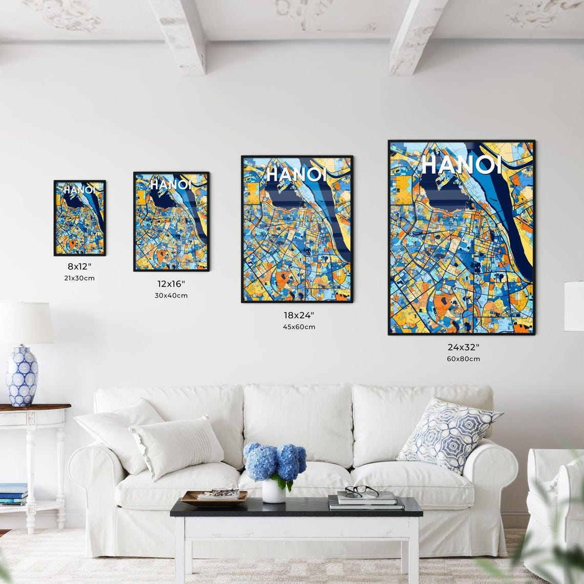Hanoi Vietnam Bold City Map Art Poster in Navy Orange and Yellow - Image 3
