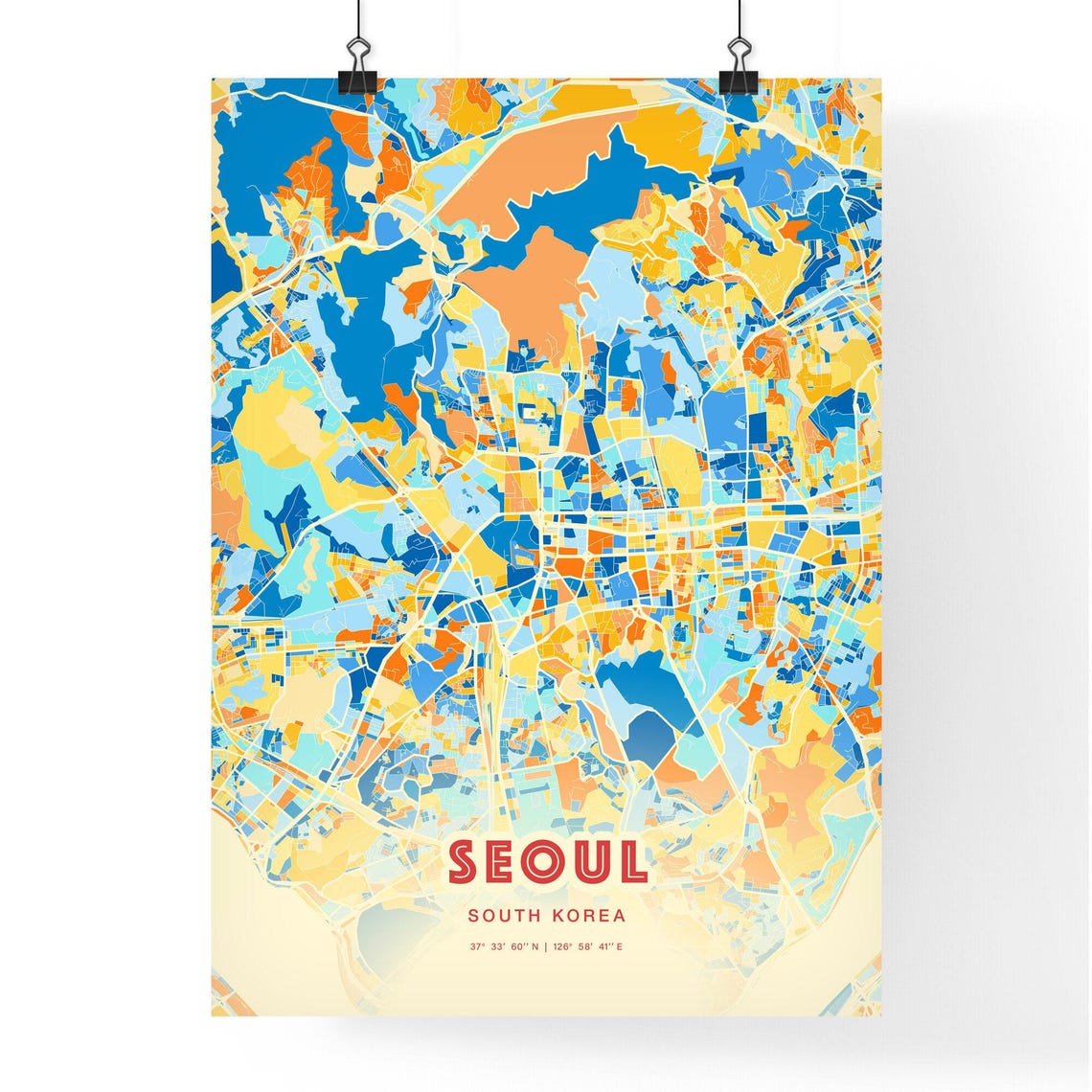 Seoul South Korea Blue Orange Mountain View City Map Art Poster - Image 3