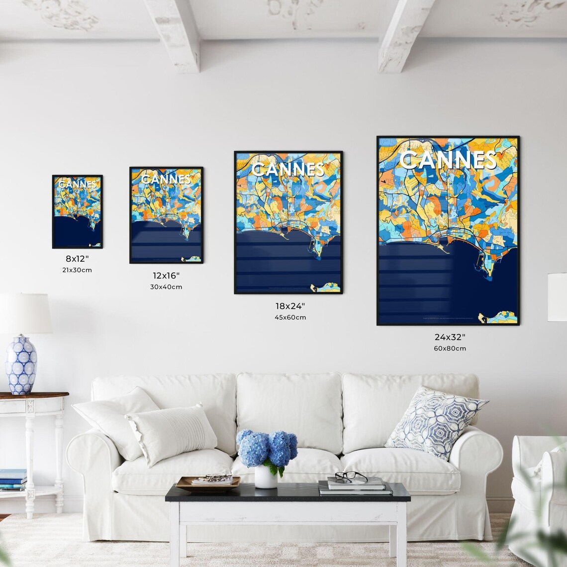 Cannes France Colorful Blue and Orange Coastal City Map Poster - Image 3