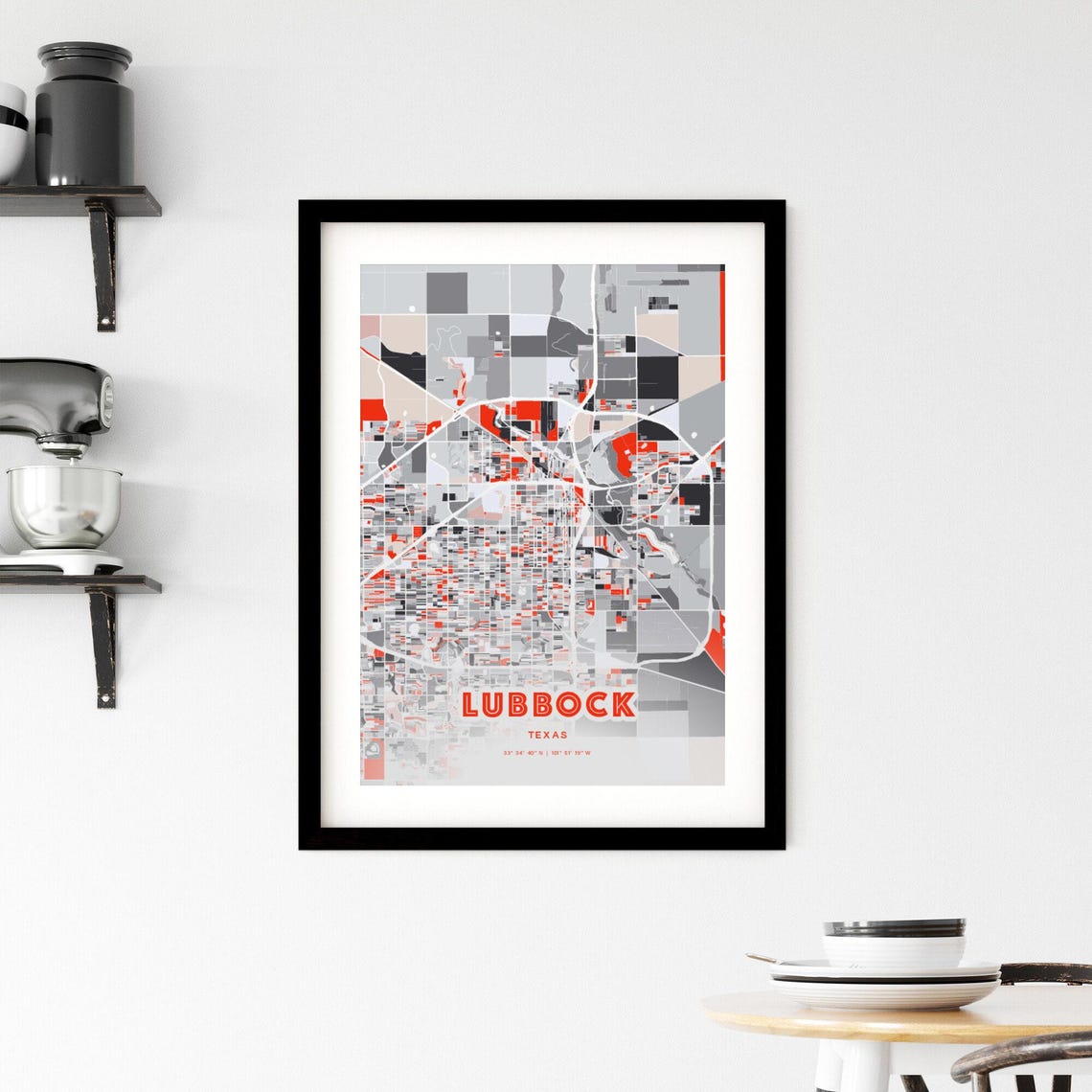 Lubbock Texas Modern Expressive Red Gray City Map Art Poster - Image 2