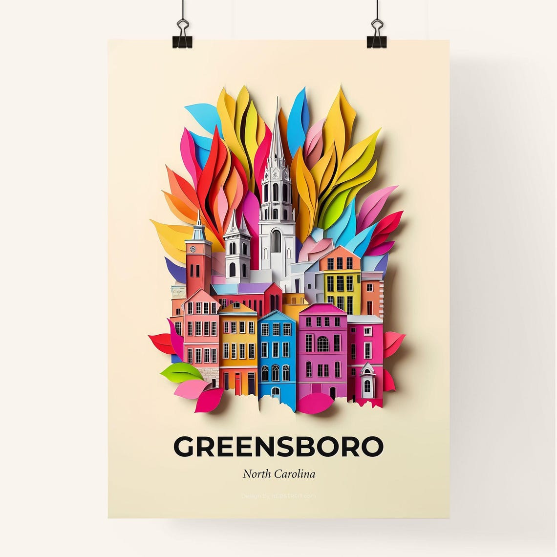 Greensboro North Carolina Colorful Paper Cut Church Scene Poster - Image 4