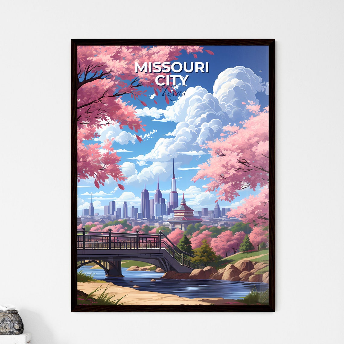Missouri City Texas Cherry Blossom Bridge Skyline Travel Poster