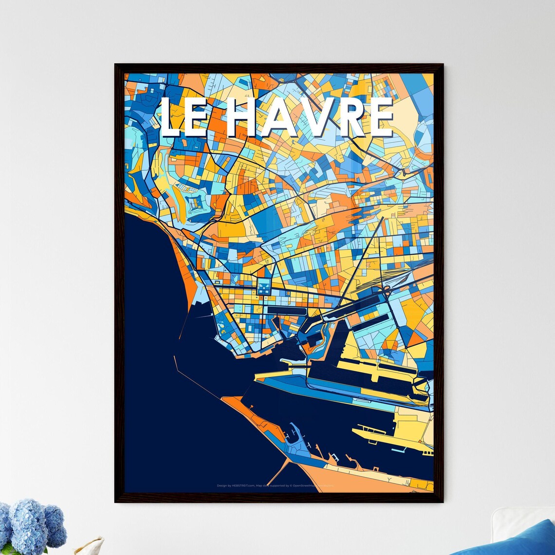 Le Havre France Blue Orange Harbor City Map Art Poster for Walls