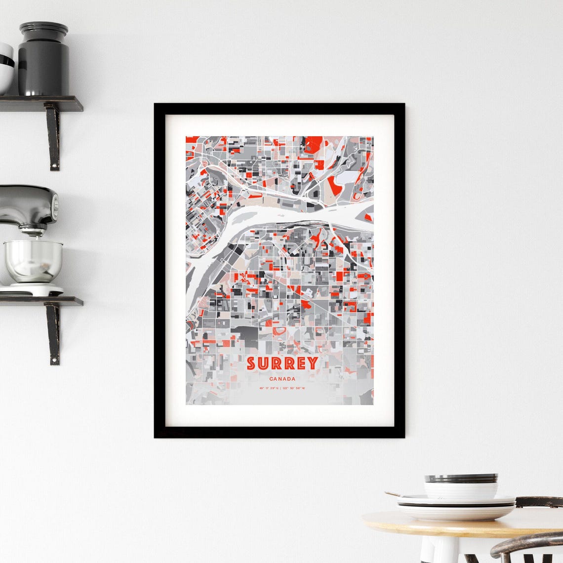 Surrey Canada Modern Red Gray Expressive City Map Poster Customizable - Image 2
