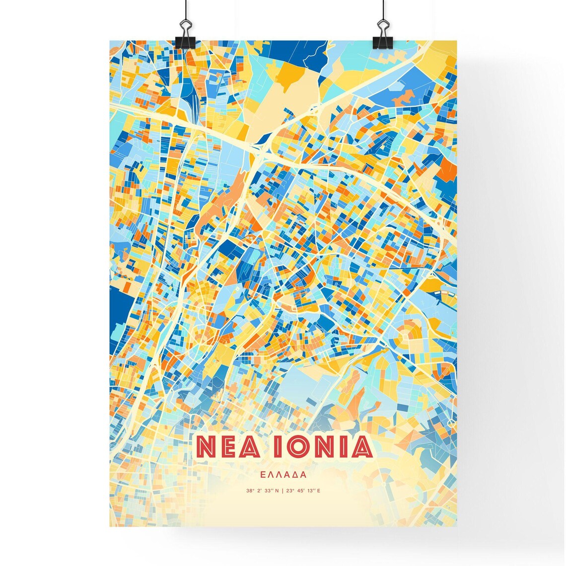 Nea Ionia Greece Colorful Blue Orange Abstract City Map Art Poster - Image 3