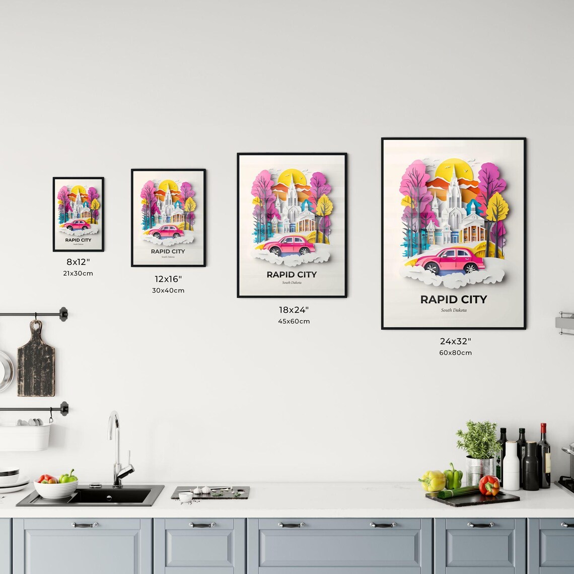 Rapid City South Dakota Pink Car Papercut Snow Travel Poster - Image 3