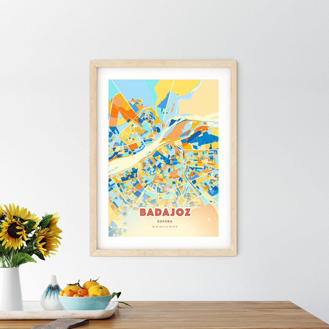 Badajoz Spain Bold Vibrant Blue Orange Mosaic City Map Poster - Image 2