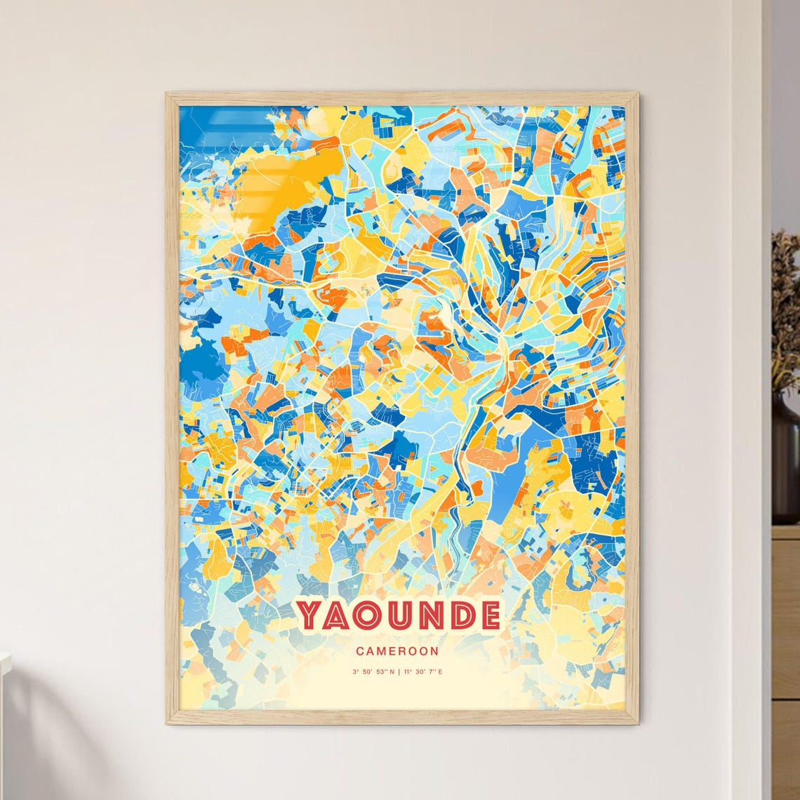 Yaounde Cameroon Colorful Blue Orange Abstract City Map Art Poster