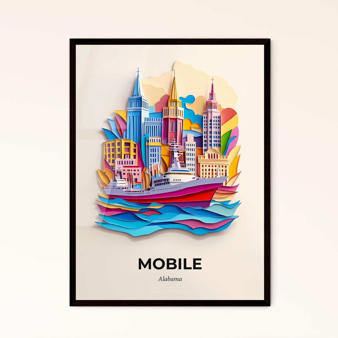 Mobile Alabama Colorful Paper Cut Cruise Ship Skyline Travel Poster