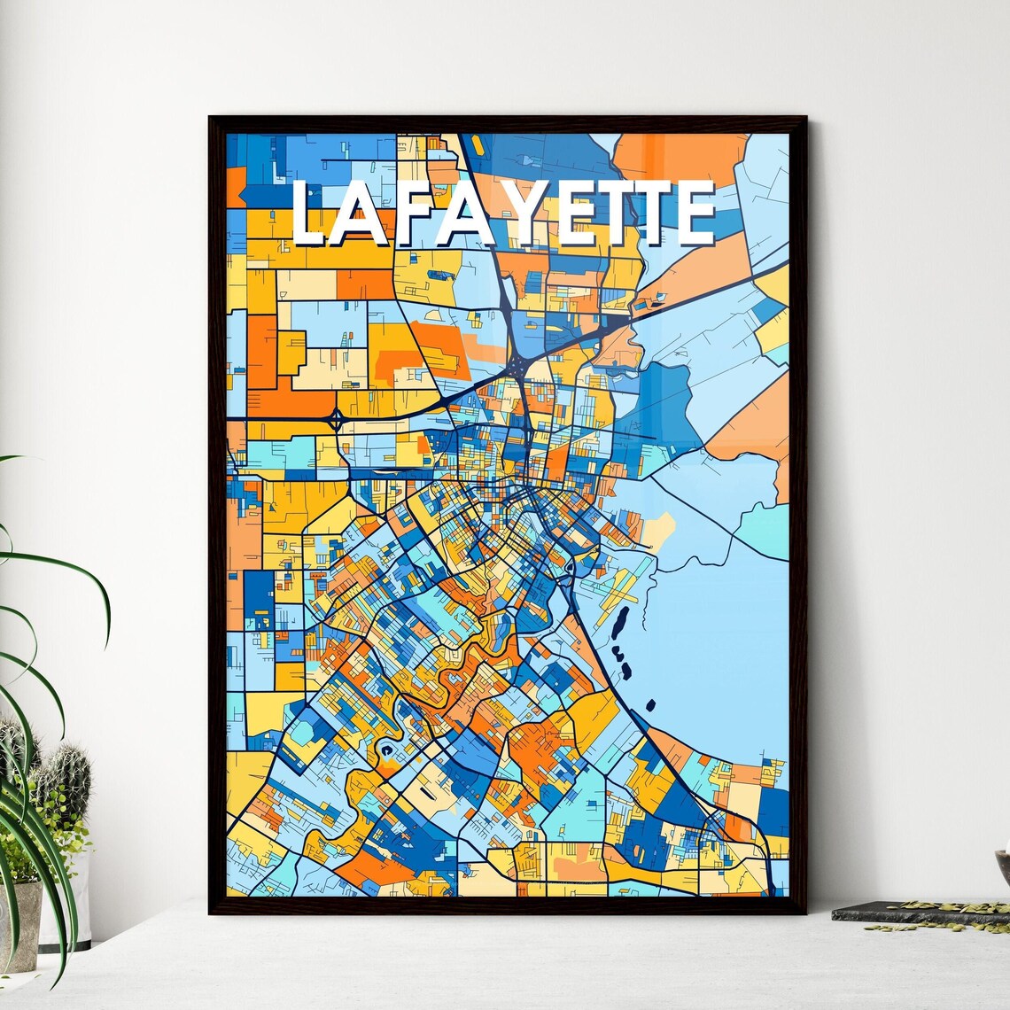Lafayette Louisiana Stylized Blue and Orange City Map Poster