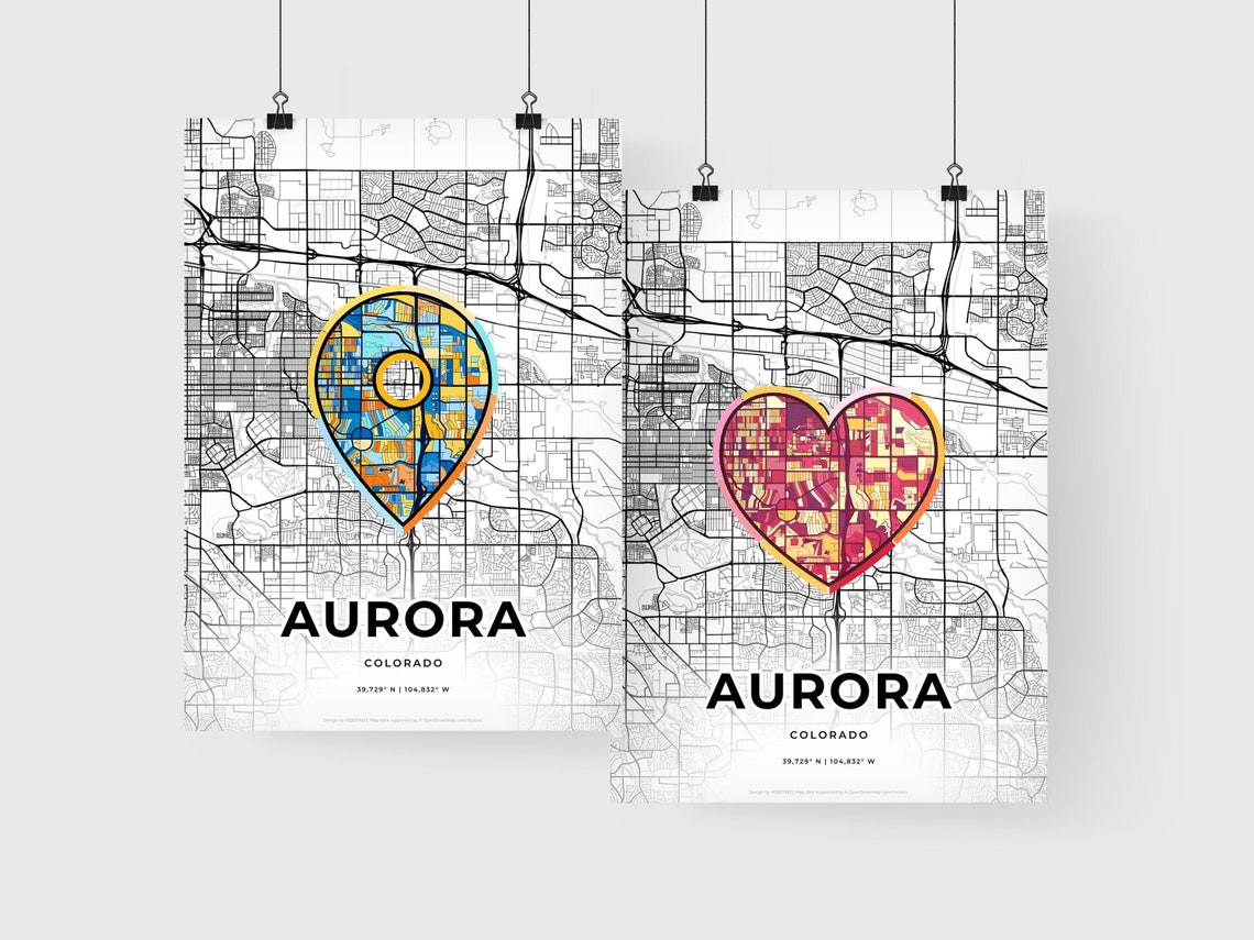 Aurora Colorado Minimal Map Art With Colorful Heart Icon Poster - Image 2