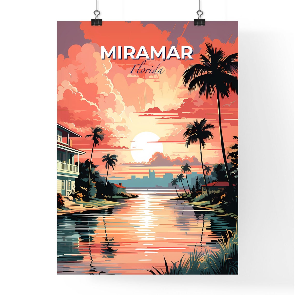 Miramar Florida Waterfront Sunset Palm Trees Vintage Travel Poster - Image 4
