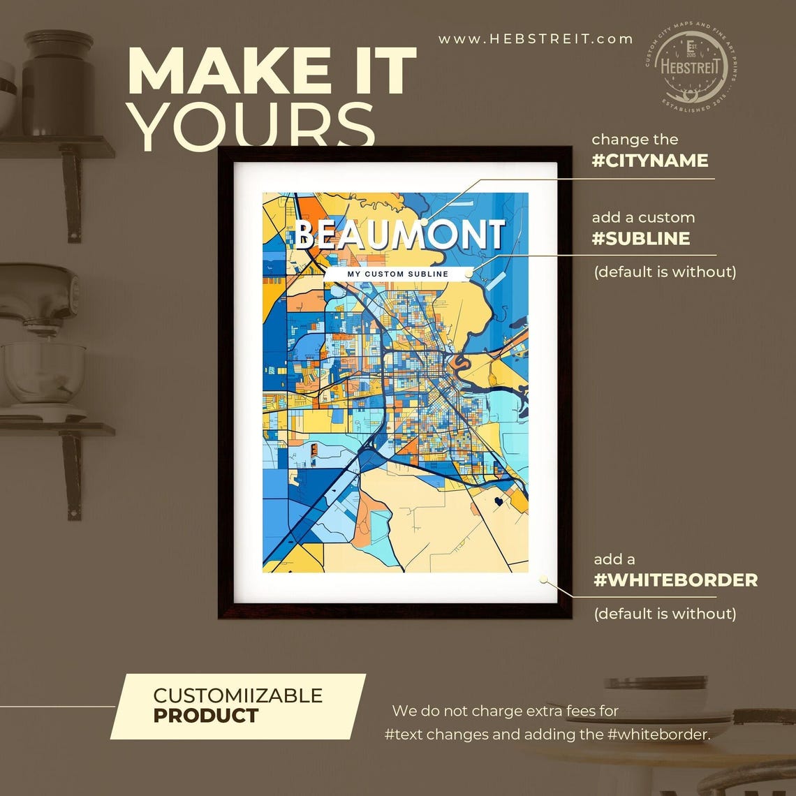 Beaumont Texas Vibrant Stylized Blue and Orange City Map Poster - Image 2