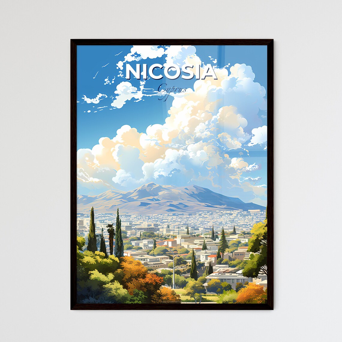 Nicosia Cyprus Mountain Panorama City Skyline Vintage Travel Poster
