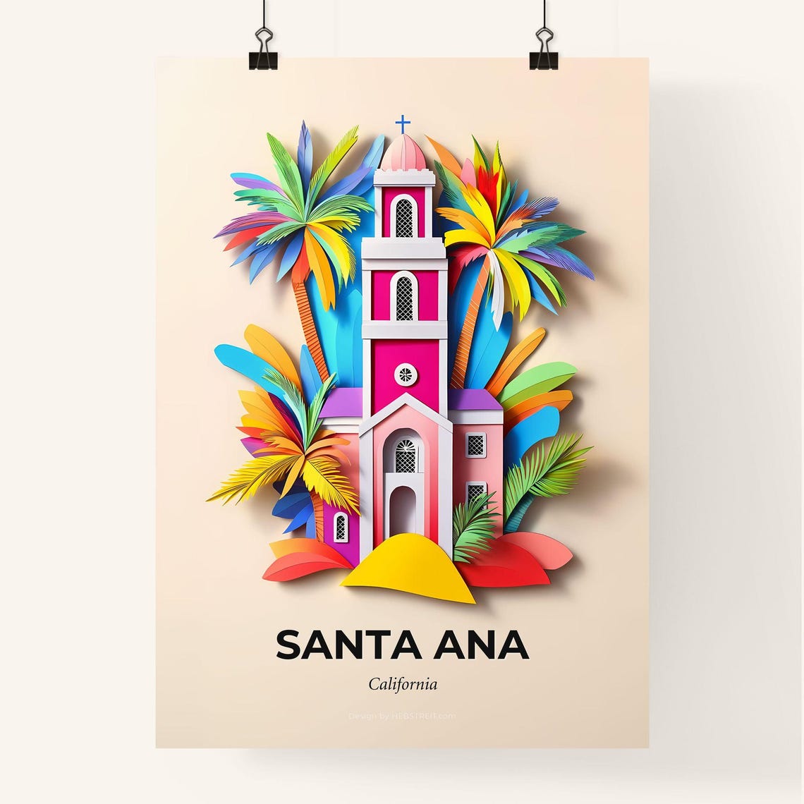 Santa Ana California Pink Church Tower Paper Cut Palm Trees Poster - Image 4